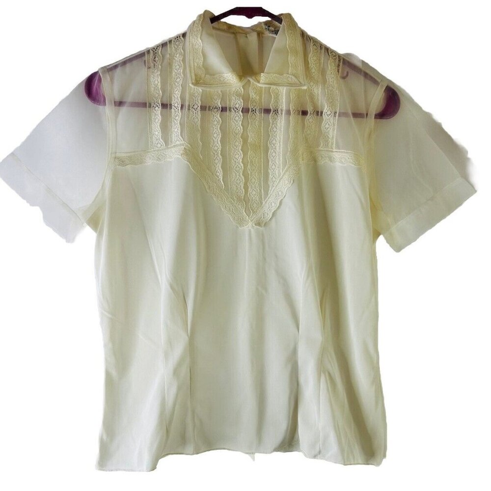 Vtg 60s Sheer Nylon Frilly Lace Collared Blouse Usa Romantic Coquet
